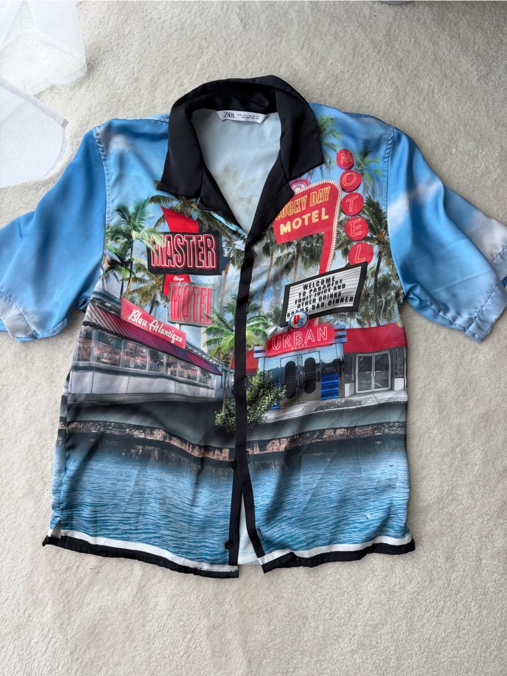 Zara Blue Scenic Motel Print Short Sleeve Shirt